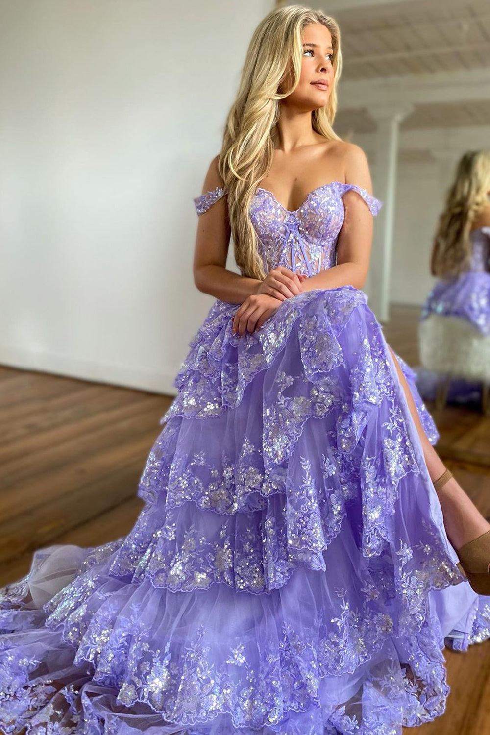 Purple Off-the-Shoulder Princess A-Line Corset Prom Dress Featuring Lace Ruffles