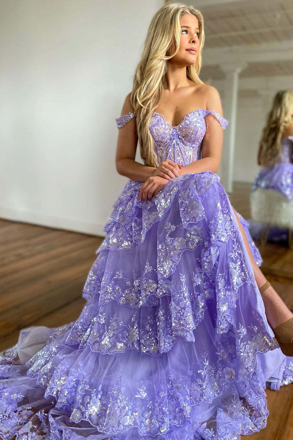 Purple Off-the-Shoulder Princess A-Line Corset Prom Dress Featuring Lace Ruffles