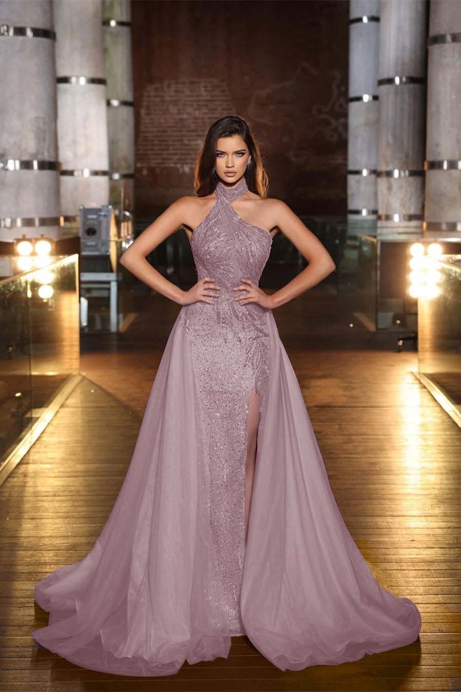 Purple Halter Mermaid Formal Dress Tulle Ruffles With Split Appliques