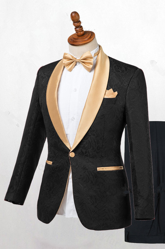 Chic Gold Shawl Lapel Tuxedo Wedding Suit with Black Jacquard