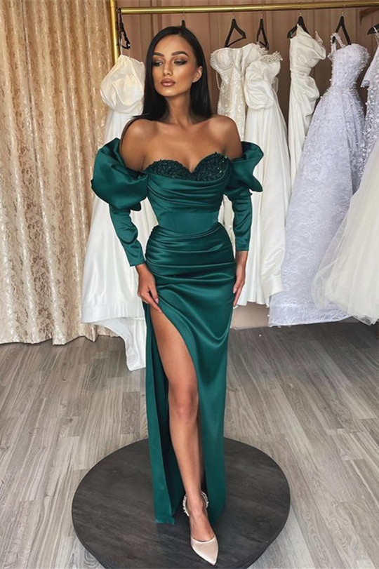 Dark Green Sweetheart Slit Long Mermaid Evening Dress With Long Sleeves Sequins