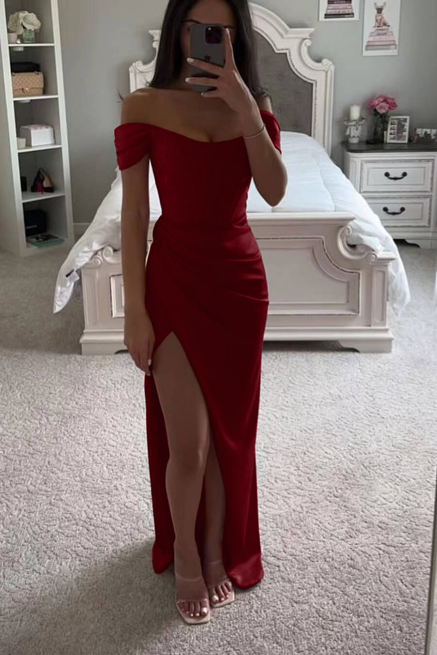 Red Long Off-the-Shoulder Slit Mermaid Prom Dress for Special Occasions