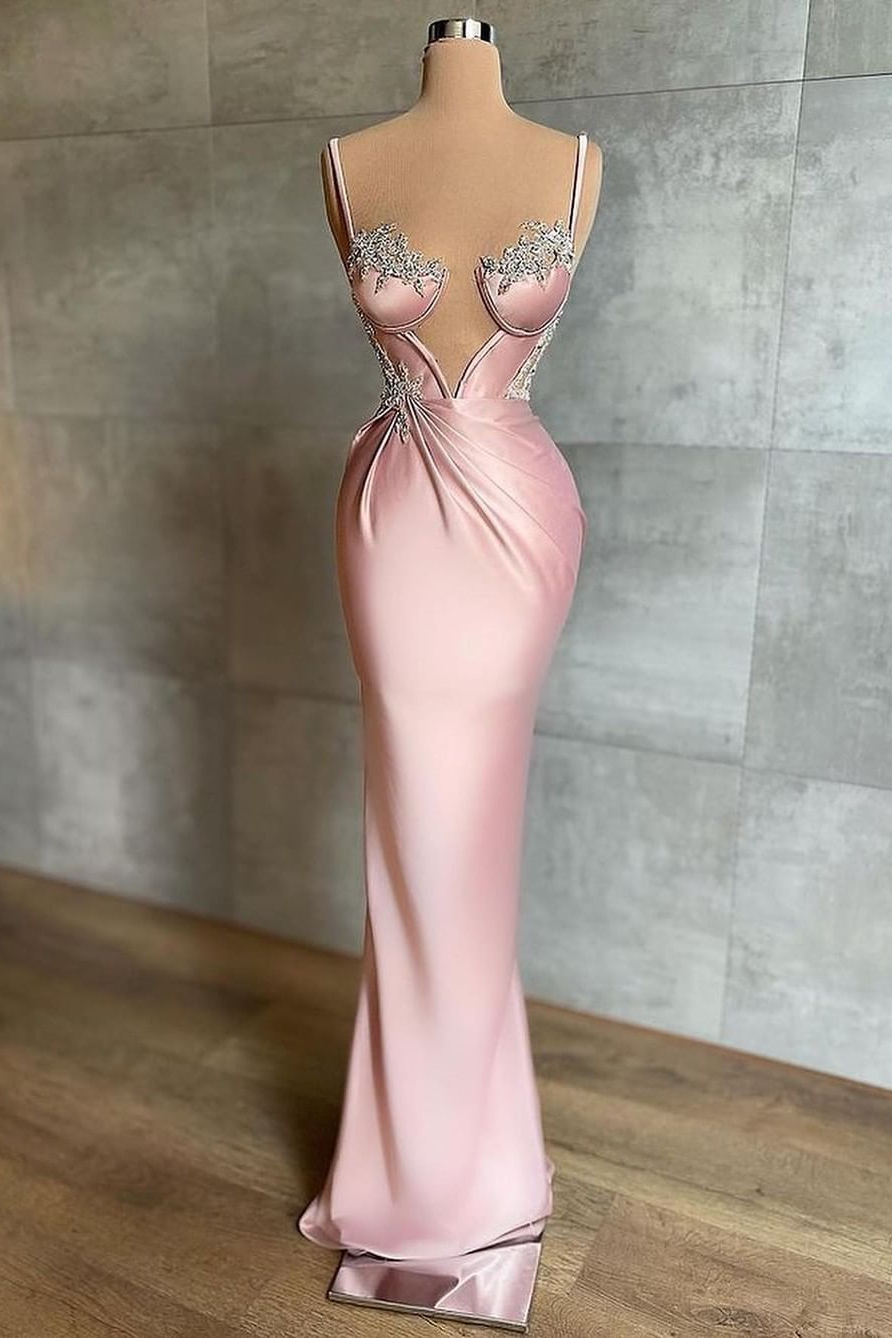 Sexy Dusty Pink Spaghetti Straps Deep V Neck Mermaid Evening Dress With Chic Appliques