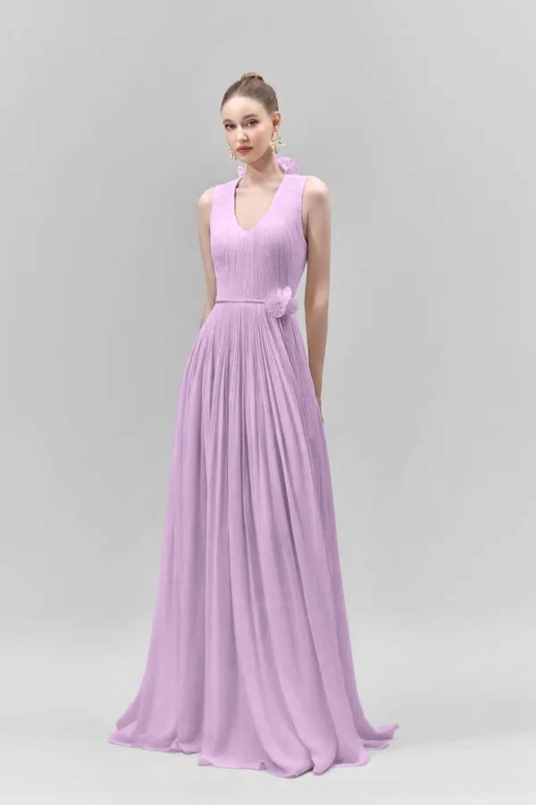 Chic Sleeveless Straps V Neck Long Formal Dress With Pleated Belt