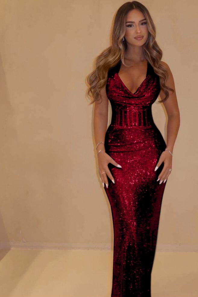 Sequin Halter Sleeveless Long Mermaid Formal Dress With Pleated