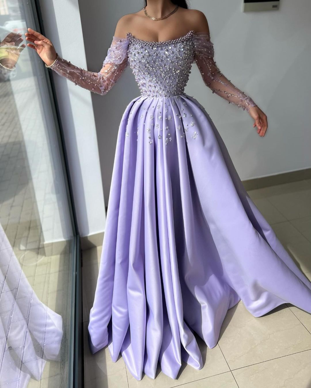 Elegant Off-The-Shoulder Lilac Beading Embroidery Princess Long Prom Dress