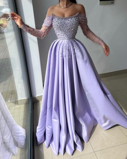 Elegant Off-The-Shoulder Lilac Beading Embroidery Princess Long Prom Dress