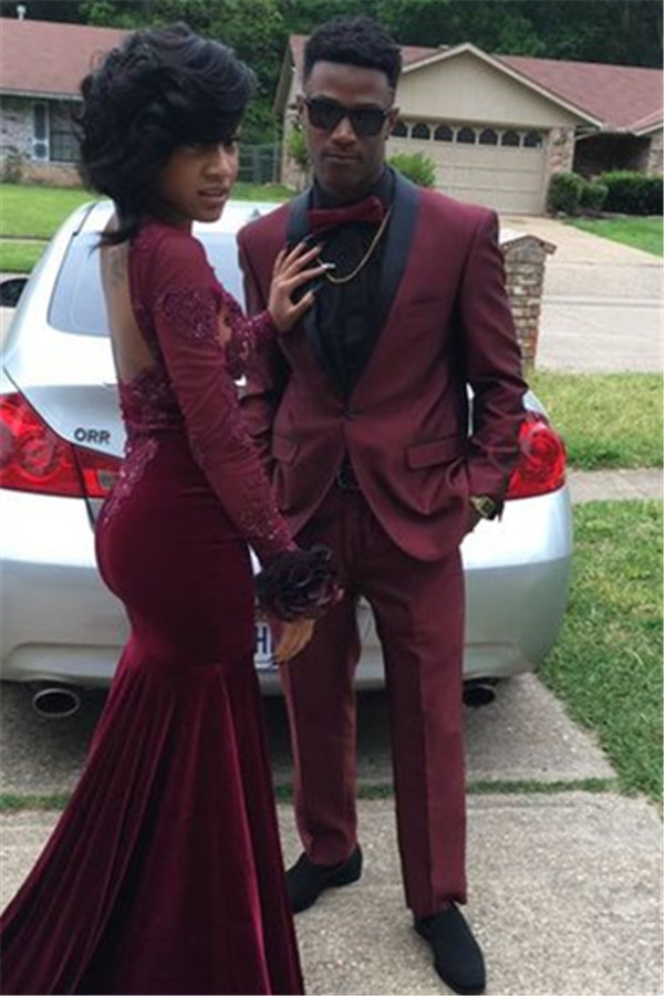 Black Shawl Burgundy Bespoke Men's Tuxedo for Wedding with One Button