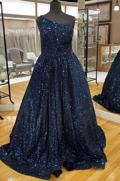 Light Blue Sparkly Plus Size A Line Prom Dress with One Shoulder and Sequins