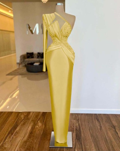 Long Sleeve One Shoulder Long Formal Dress With Pleated Appliques