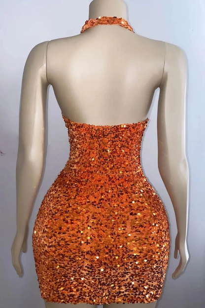 Orange Halter V-Neck Sequins Slim Fit Sexy Charming Short Mini cocktail Dress