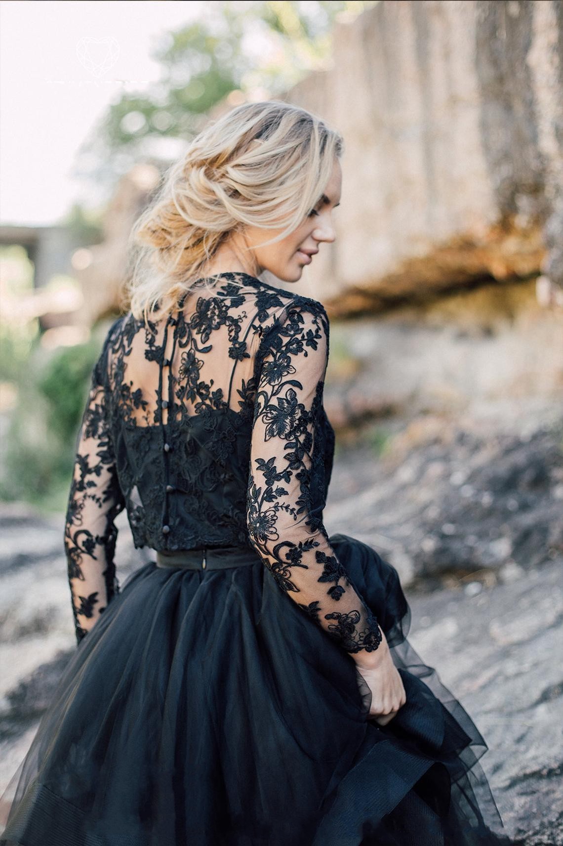 Unique Black Bateau Long Sleeves Ruffles A-Line Wedding Dress with Appliques Lace Tulle
