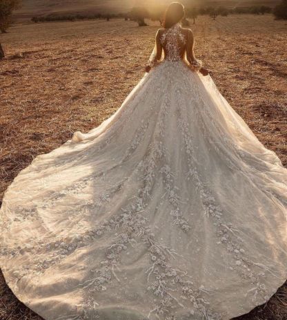 Stunning A-Line High-Neck Long Sleeve Train Wedding Dress with Appliques Lace Tulle