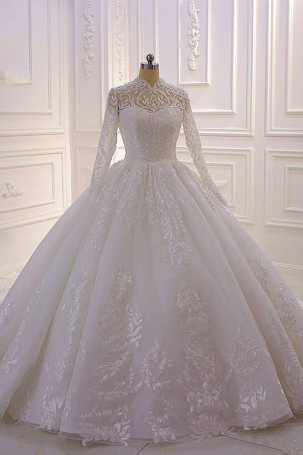 Chic Long Sleeve Appliques High Neck A-Line Ruffles Sequins Wedding Dress with Lace Pearl