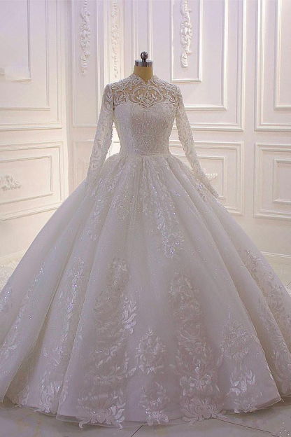 Chic Long Sleeve Appliques High Neck A-Line Ruffles Sequins Wedding Dress with Lace Pearl