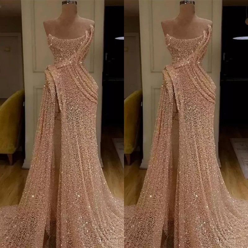 Mermaid Strapless Long Prom Dress Split With Sequins