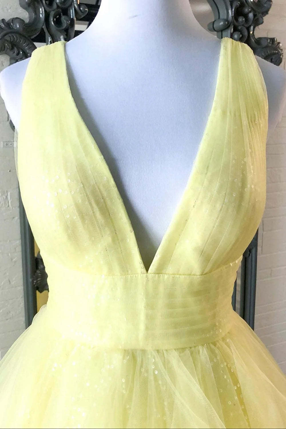Light Yellow Long Prom Dress with Ruffles and a Deep V Neckline