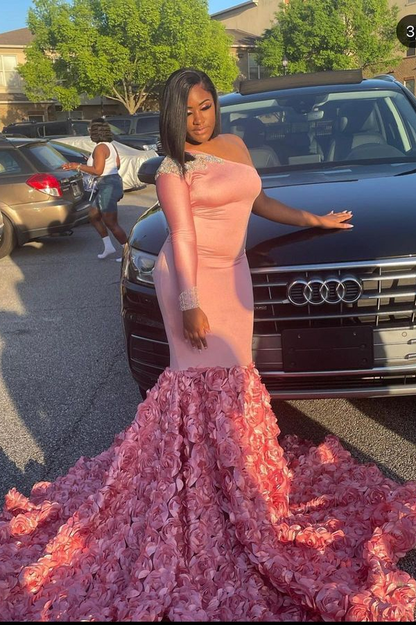 Maibel Sexy One Shoulder Long Sleeve Pink Sequins Mermaid Evening Dress