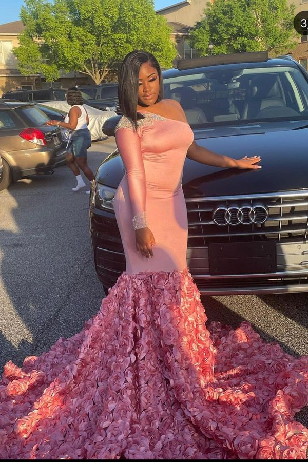 Maibel Sexy One Shoulder Long Sleeve Pink Sequins Mermaid Evening Dress