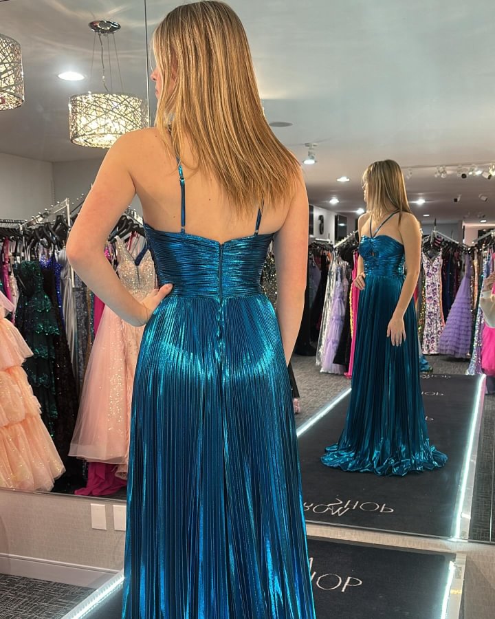 Long Halter Prom Dress in Metallic Fuchsia with Keyhole Slit and A-Line Silhouette