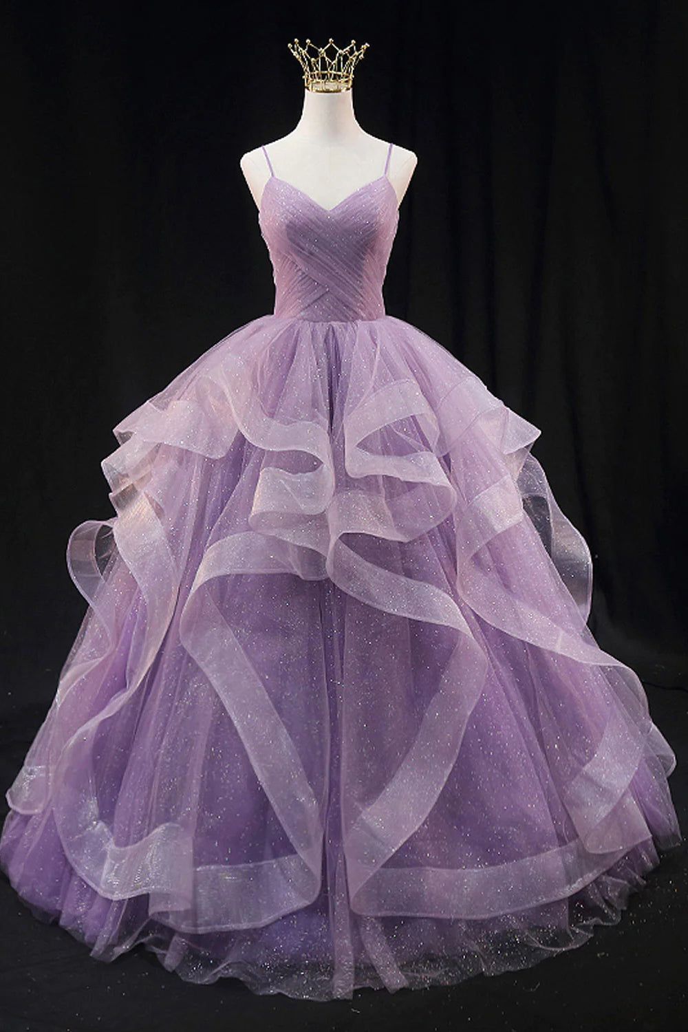 Long Light Purple Prom Dress with Spaghetti Straps and Ruffles in an A-Line Cut