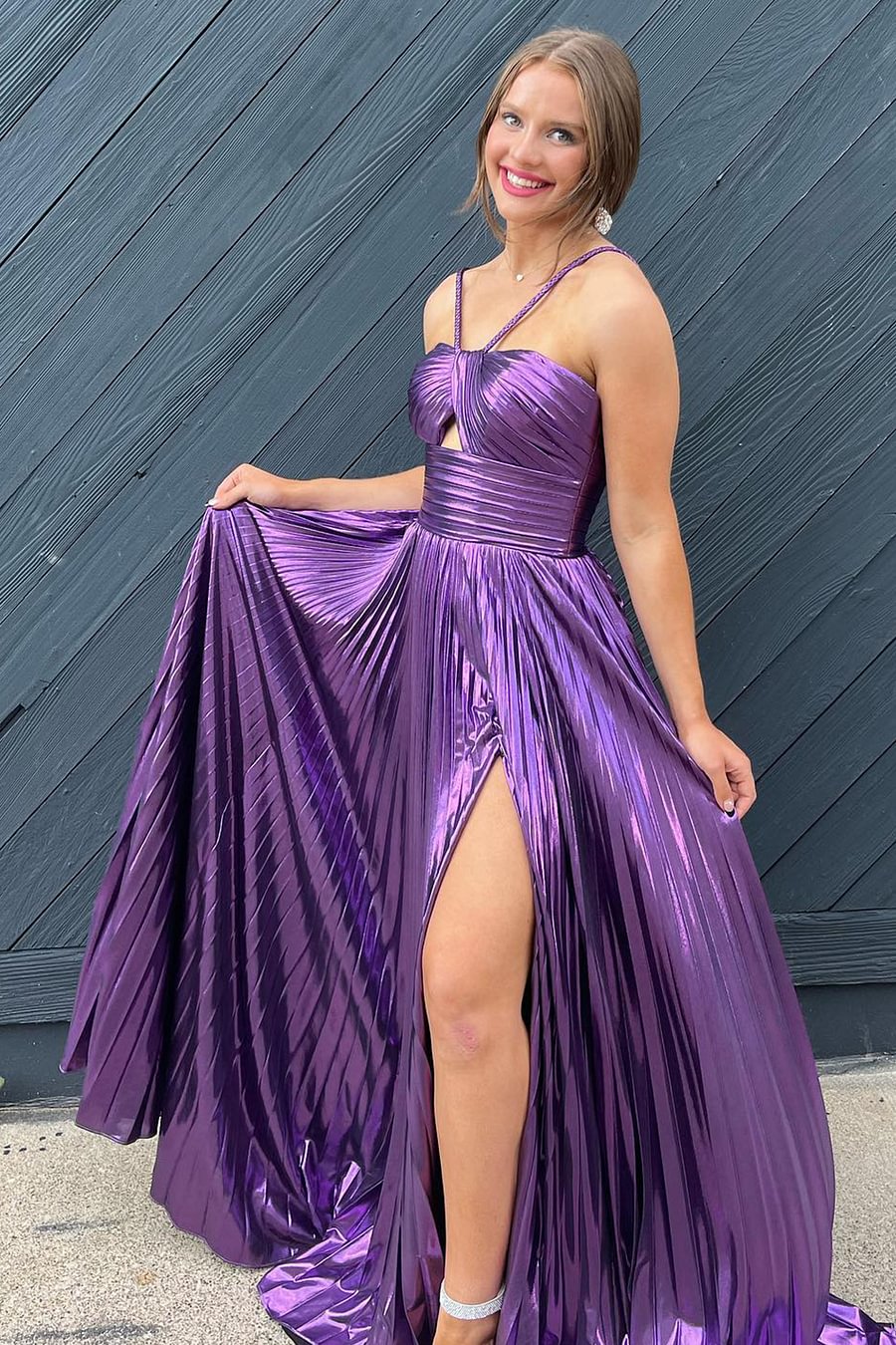 Long Halter Prom Dress in Metallic Fuchsia with Keyhole Slit and A-Line Silhouette