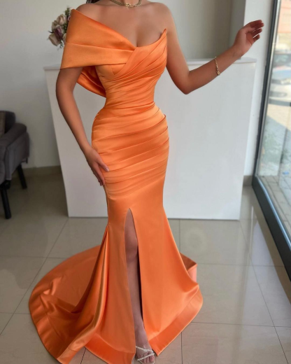 One Shoulder Sleeveless Split Mermaid Long Formal Dress With Pleated
