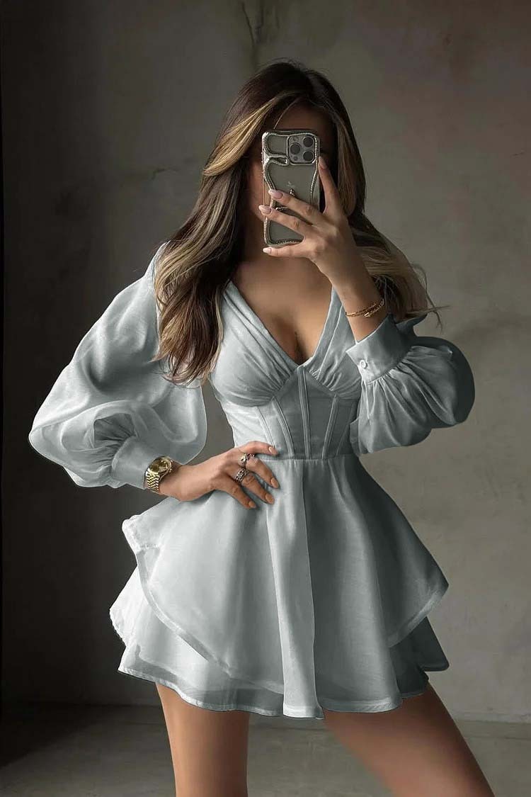 White Long Sleeves V Neck Short Formal Dress With Ruffles Pleated