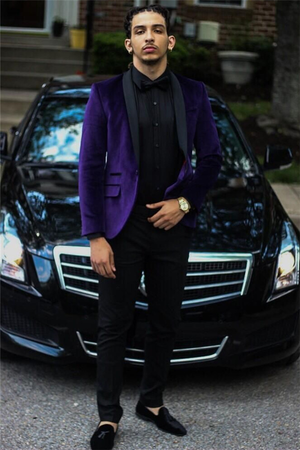 Elegant Purple Velvet Two-Piece Suit Wedding Suit with Black Lapel