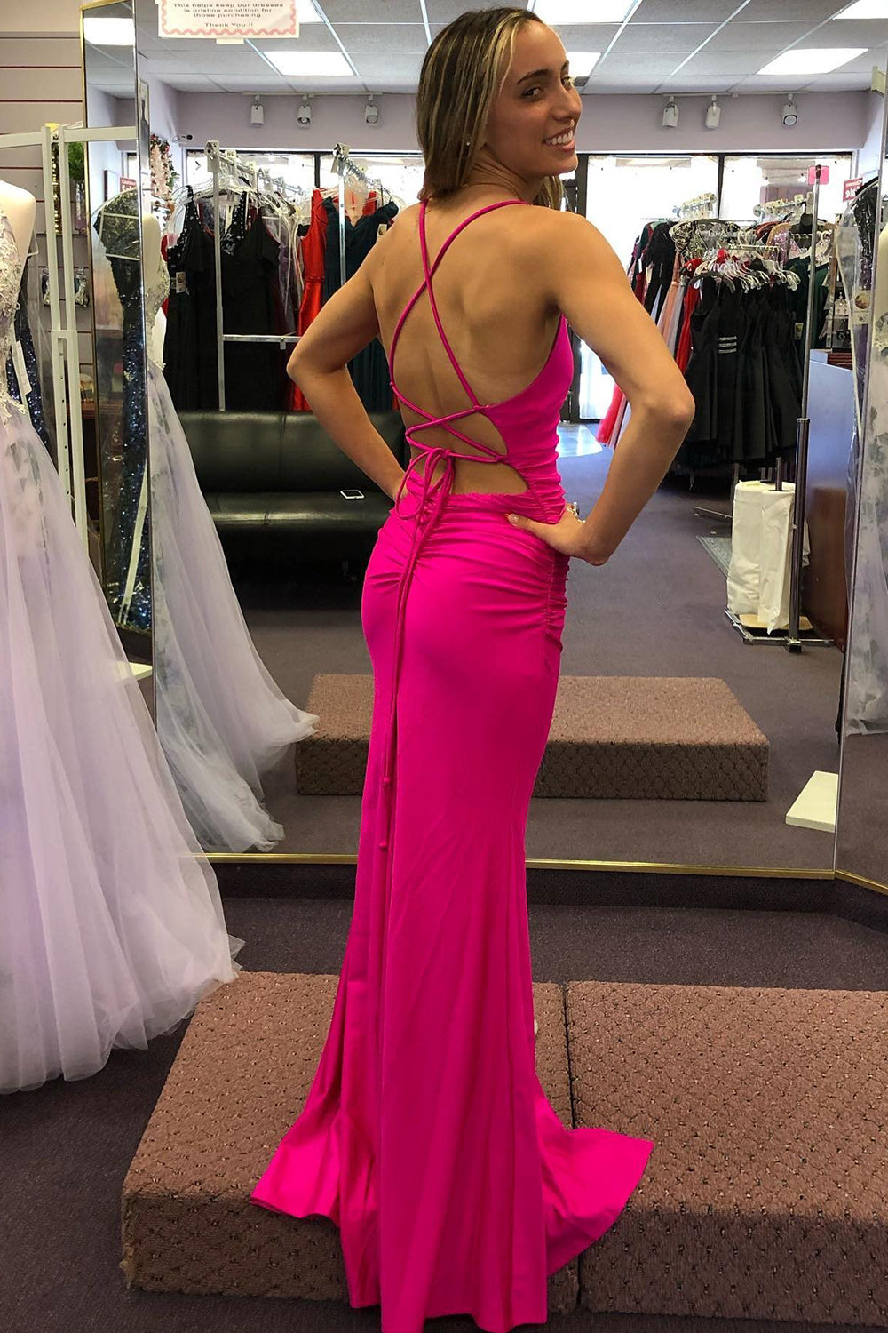 Long Hot Pink Prom Dress with Spaghetti Straps and Slit
