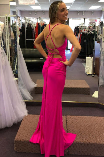Long Hot Pink Prom Dress with Spaghetti Straps and Slit