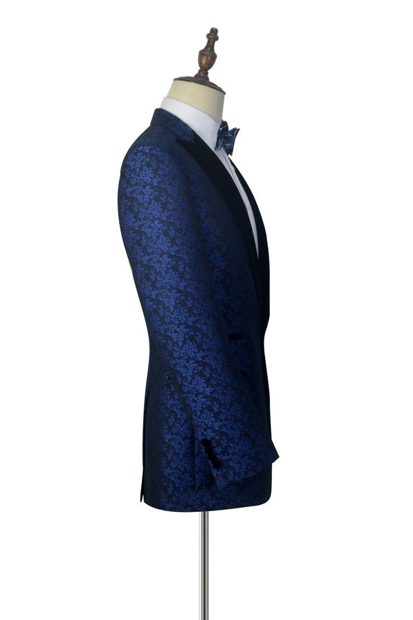Blue Floral Pattern Tuxedos for Wedding with Black Velvet Peak Collar Prom Suits