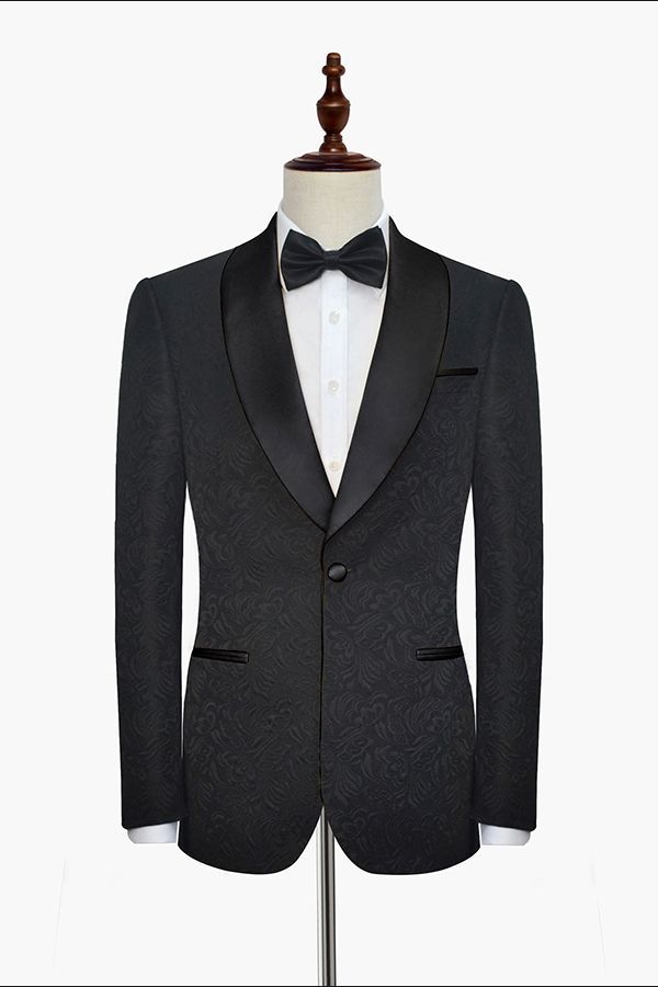 Classic Black Jacquard Wedding Tuxedo Shawl Lapel Silk One-Button Wedding Suits for Men