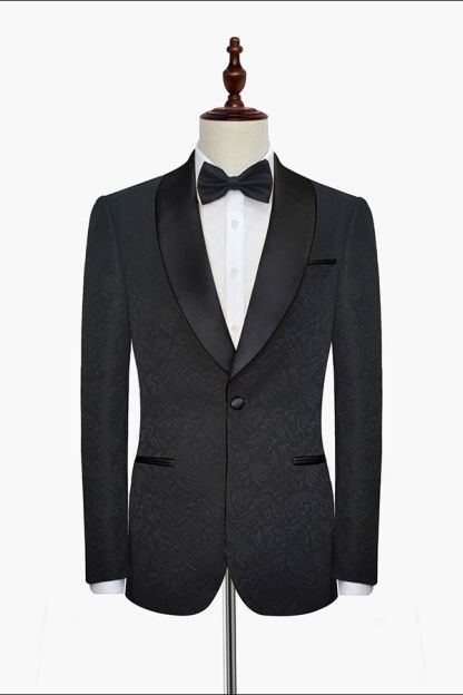Classic Black Jacquard Wedding Tuxedo Shawl Lapel Silk One-Button Wedding Suits for Men