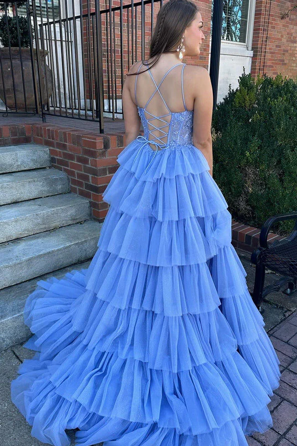 Elegant Blue A-Line Prom Dress with Spaghetti Straps Appliques and Ruffles