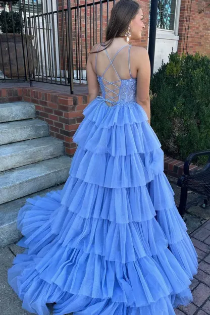 Elegant Blue A-Line Prom Dress with Spaghetti Straps Appliques and Ruffles