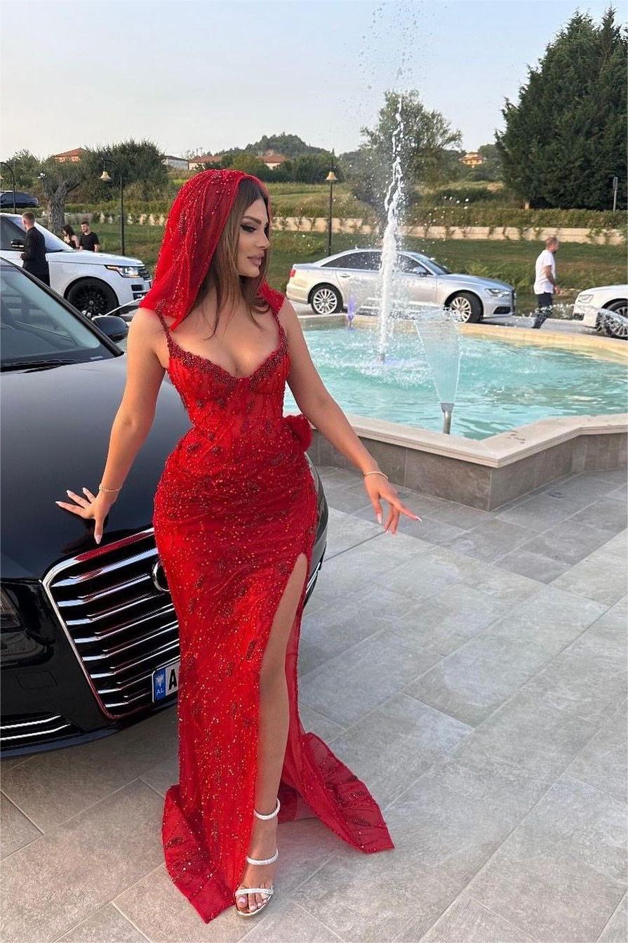 Stunning Red Sequins Spaghetti Strap Sleeveless Long Formal Dress With Split