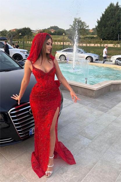 Stunning Red Sequins Spaghetti Strap Sleeveless Long Formal Dress With Split