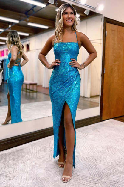 Long Blue Sequined Prom Dress with Front Split and Spaghetti Strap Sheath