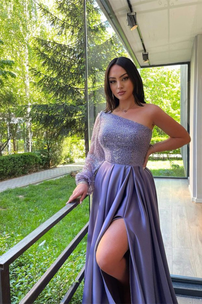 One Shoulder Long Sleeve Lilac Front Split Formal Dress With Sequins
