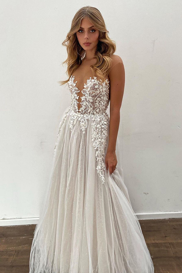 Romantic Floor-Length Sheer A-Line Wedding Dress with Tulle Appliques