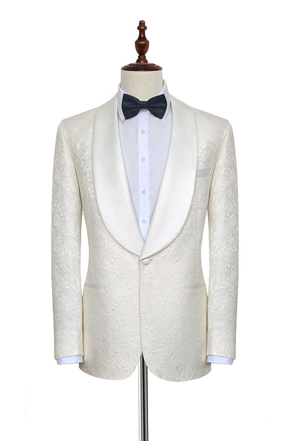 Popular Jacquard White Tuxedos for Wedding Silk Shawl Lapel One-Button Wedding Suit for Men