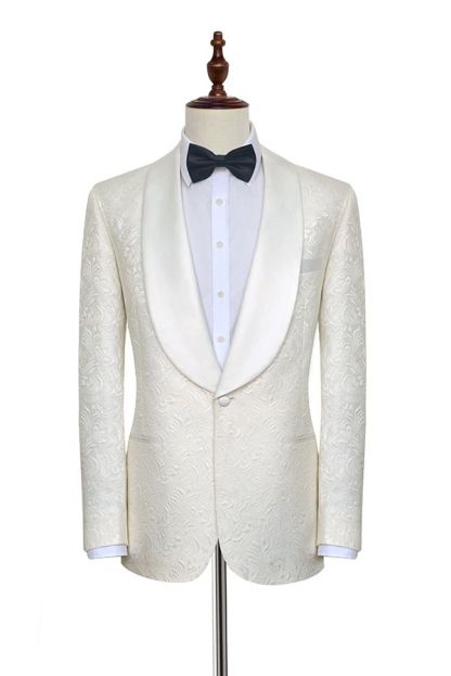 Popular Jacquard White Tuxedos for Wedding Silk Shawl Lapel One-Button Wedding Suit for Men