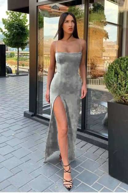 Front Split Evening Dress With Spaghetti-Straps Strapless Black