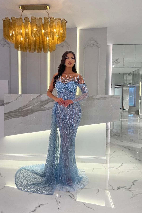 Baby Blue Strapless Long Sleeve Mermaid Long Formal Dress With Beading