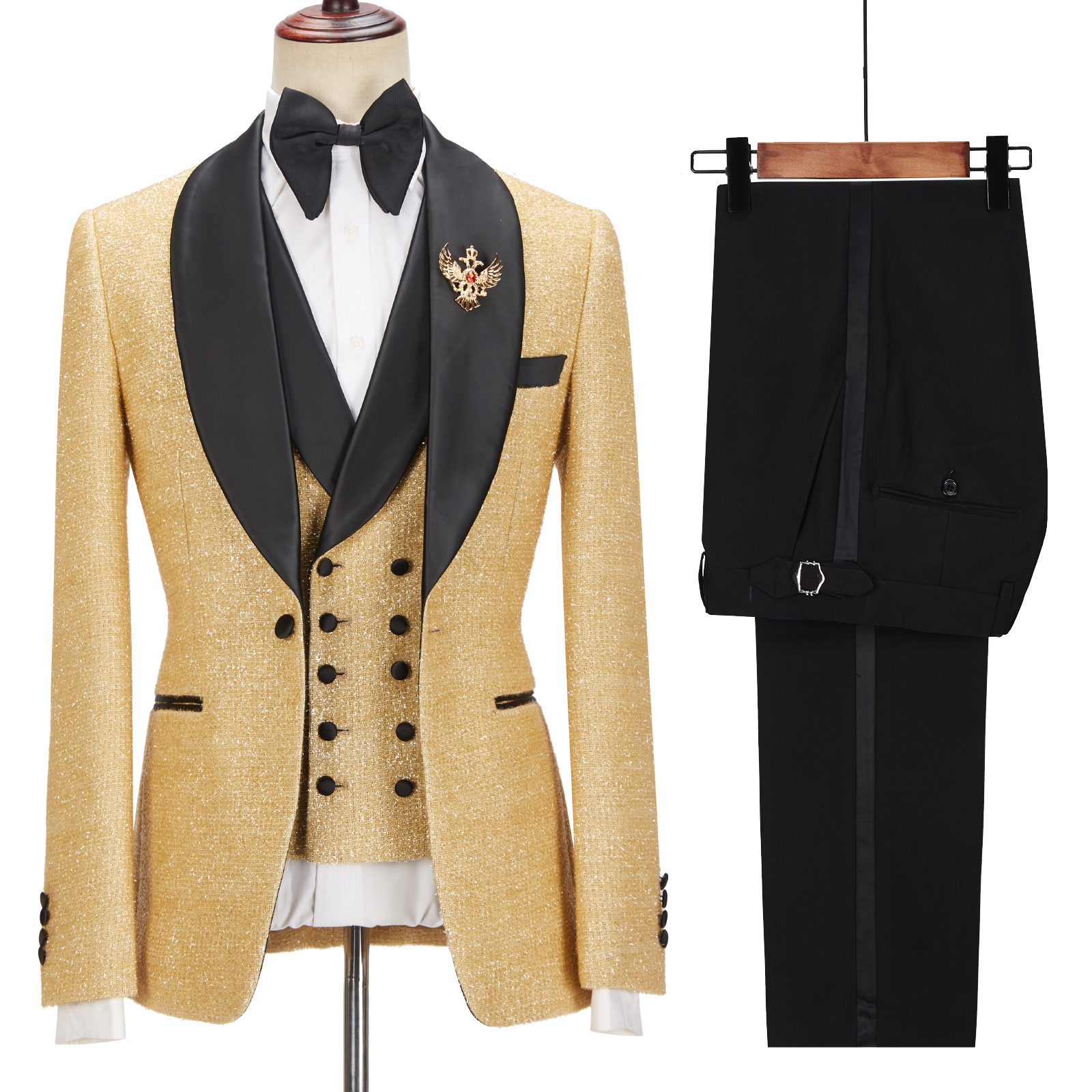 Shining Sparkly Golden Shawl Lapel Three-Piece Men's Suits for Wedding