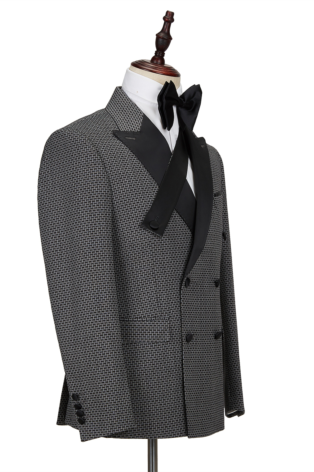 Black-and-Gray Cruciform Satin Double-Breasted Peak Lapel Men's Formal Suit