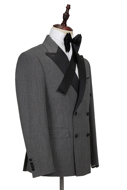 Black-and-Gray Cruciform Satin Double-Breasted Peak Lapel Men's Formal Suit