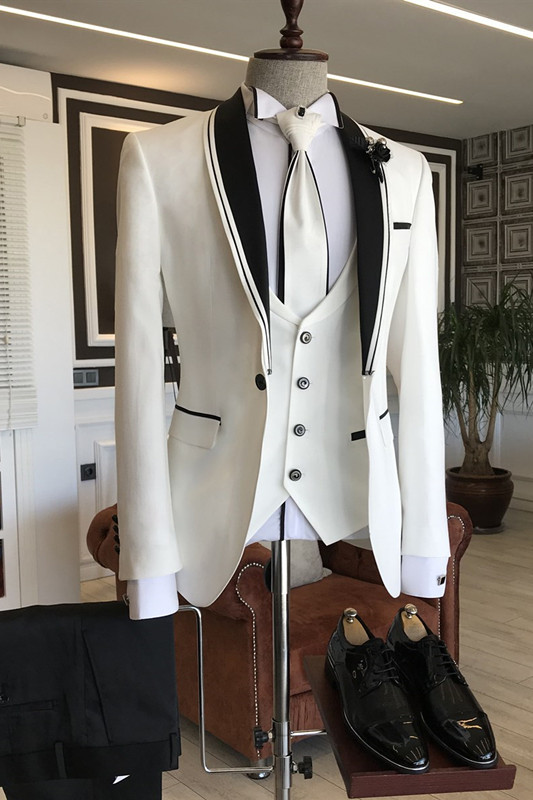 London White Slim-Fit Bespoke Black Shawl-Lapel Wedding Mens Suits