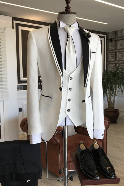 London White Slim-Fit Bespoke Black Shawl-Lapel Wedding Mens Suits